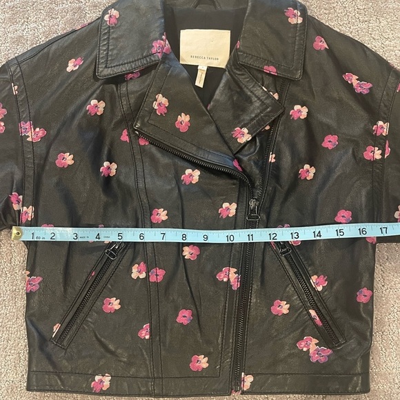 Rebecca Taylor Floriana Black Leather Jacket, Cropped, Pink Flower Print, Sz 2 - Picture 10 of 16